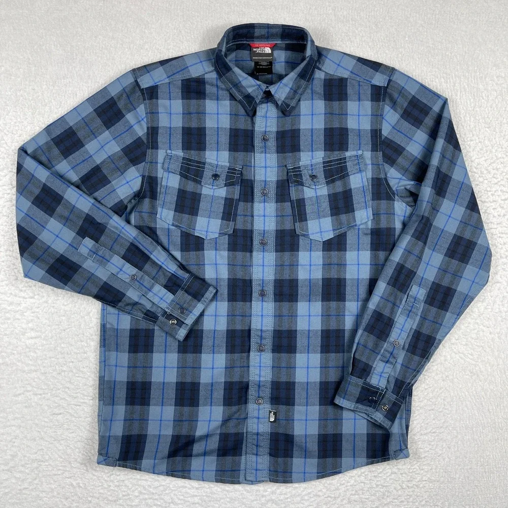 North Face Shirt Mens Small Blue Plaid‎ Snap Outdoors Camping Hiking Travel Work